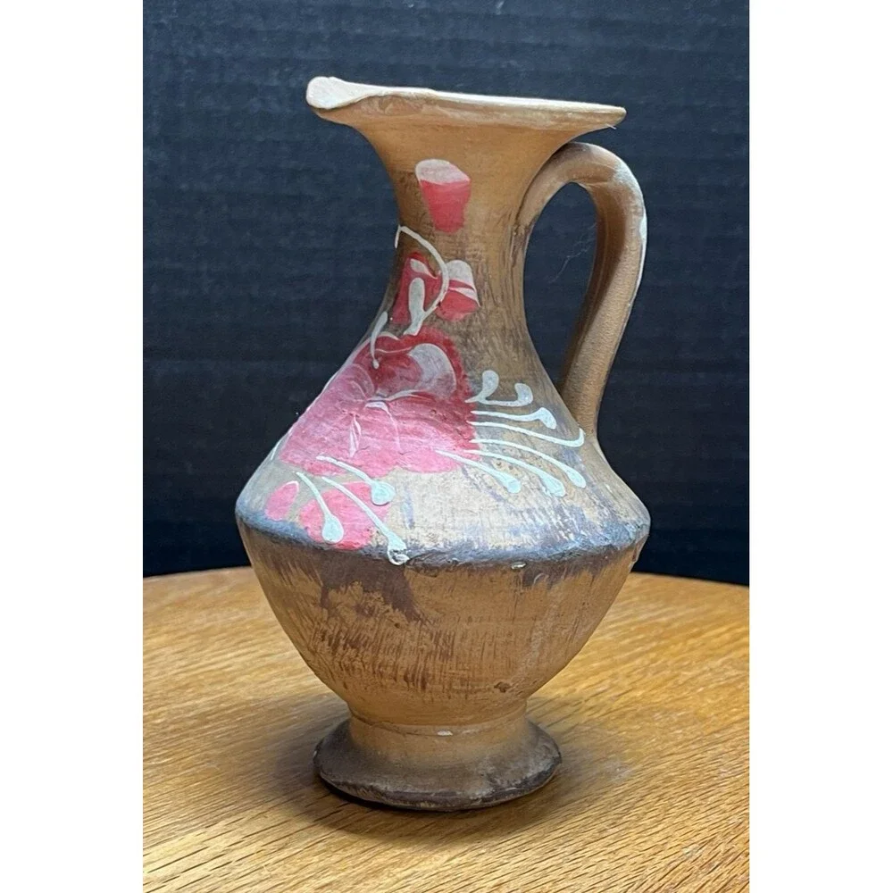 Handmade Hand-Painted Redware Pottery Pitcher Folk Art Vintage Rustic Farmhouse